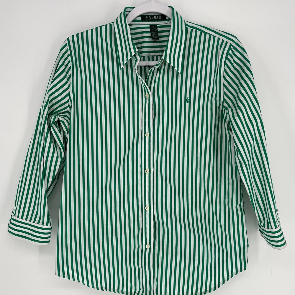 Lauren Ralph Lauren M Green White Striped Button Shirt Cotton Preppy Classic - Picture 2 of 9